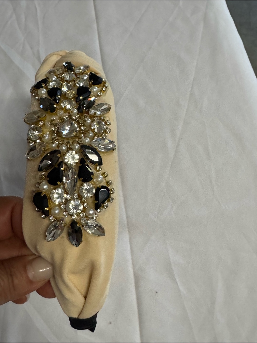 Embellished Cream Knotted Headband with Gold & Clear Stones
